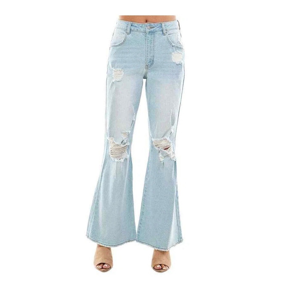 Almost Famous Womens Distressed High Rise Flare Jeans Light Wash‎ Blue Size 3